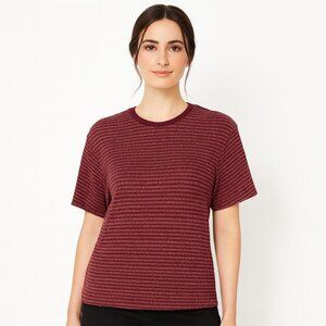 2/$30 Zara Large Burgundy Womens Striped Short Sleeve Polyester & Cotton